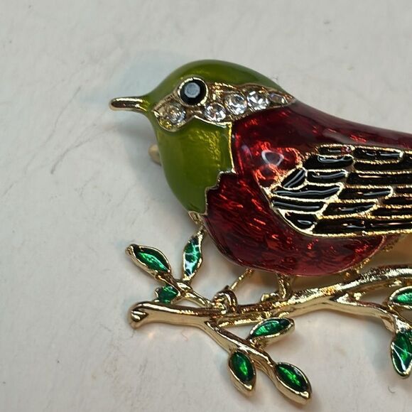 Colorful green and red enamel bird gold tone pin brooch statement jewelry - Picture 2 of 7